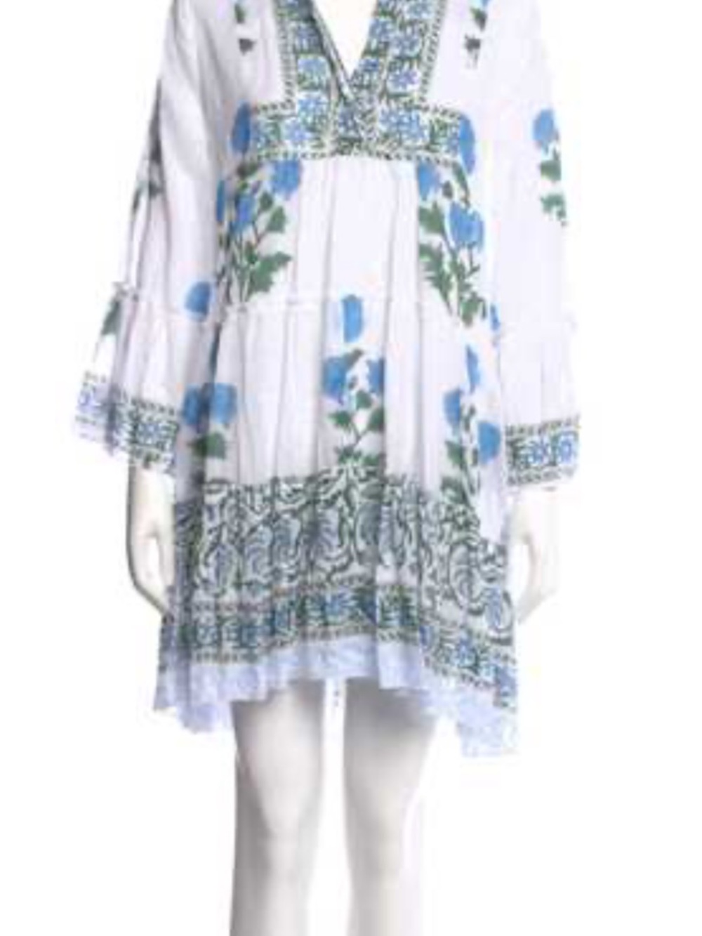 Juliet Dunn White Dress with Blue Floral and Green Accents